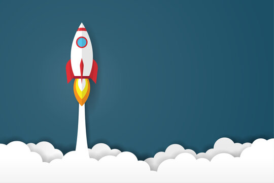rockets launch into the night sky with stars and clouds on background. copy space for text input. business creative startup concept. vector illustration in flat style modern design.