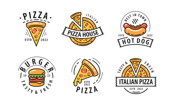 Fast food logos set. Pizza, burger, hot dog emblems for restaurant, cafe menu. Vector illustration
