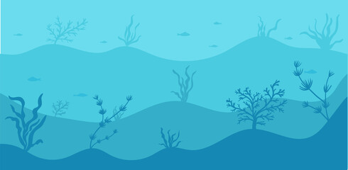 Underwater horizontal background, seabed silhouette with algae and fishes. blue ocean flat drawing, marine life. Vector illustration