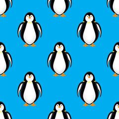 Cute Penguin Icon Isolated on Blue Background. Seamless Pattern