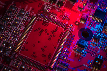Large elements of a video card for a modern new generation microchip based on nanometer technology, transistor and processor electronic equipment. IT technologies in programming