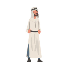Arab Bearded Man Standing in Traditional Muslim Dress and Long Flowing Garment Vector Illustration