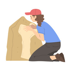 Woman Archaeologist Near Rock Working on Excavations in Search of Archaeological Remains Vector Illustration