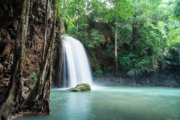 Erawan waterfall 3th floor with water flowing in tropical rainforest at national park