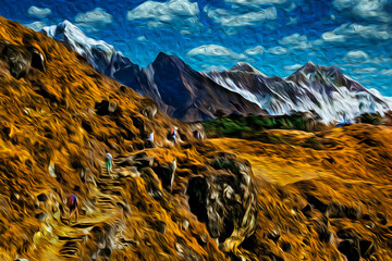 People in a trail through cliffs and deep valleys at the Himalaya Ridge. The world largest and highest mountain range, in Nepal. Oil Paint filter.