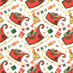 Seamless pattern with santa's sleigh, bag with presents, gift boxes, stars, flags. Watercolor background for wrapping paper, kids textile
