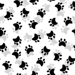 Fototapeta premium Flat cartoon animal footprint silhouette seamless pattern. Cat or dog foot, unknown animal. Black print paw trace. Vector illustration. Trendy style design