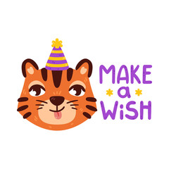 Tiger with party hat. Chinese zodiac animal. Make Wish lettering. Symbol of the new year 2022, 2034. Vector illustration isolated on white background. Portrait of ginger cat.