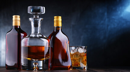 Bottles of assorted alcoholic beverages.