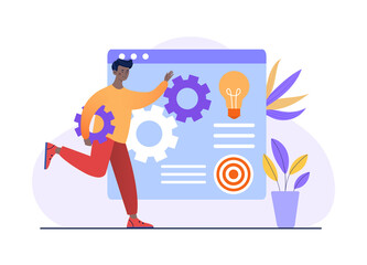 Concept of innovate solution. Man carries gear in his hands. Graphic elements for website. Mobile application development. Character realizes his idea, page. Cartoon flat vector illustration