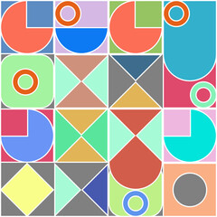 Geometric abstract pattern of elements of blue, red and yellow shades for the cover.