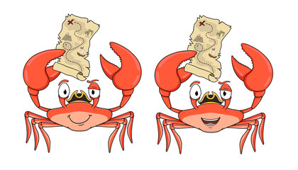 cartoon smiling crab pirate with treasure map vector isolated on white background