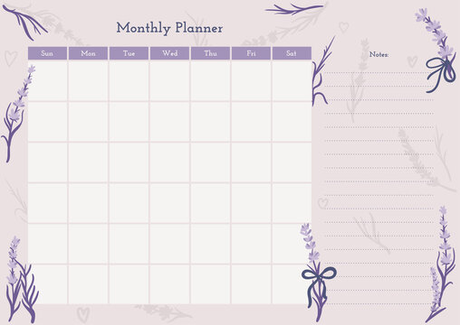 Monthly template lavender, great design for any purposes. Summer holiday background. Graphic violet color background. Design template. Simple illustration. Planner template. Abstract poster.