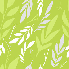 Seamless pattern with wild herbs branches and leaves background cute spring vintage colorful green pattern with leaves.