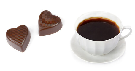 Cup of coffee and chocolate candies in the form of hearts isolated on white. Collage.