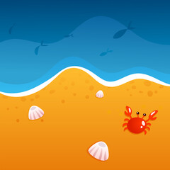 Fototapeta na wymiar Beach yellow sand and blue sea or ocean, with seashells, fish, crab. Summer vacation, vector illustration.