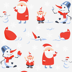 Vector cute funny christmas pattern with santa, snowman, elf and snow. Greeting new year celebration illustration with santa characters cartoon.