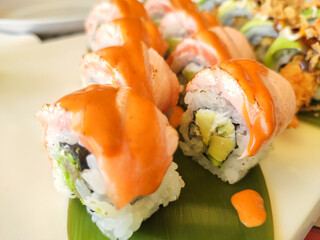 Closeup view of sushi roll.Japanese tasty food