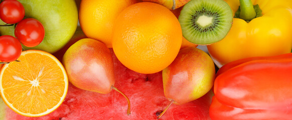 background from various fruits and vegetables. Wide photo.