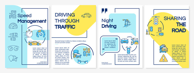 Driving courses types yellow and blue brochure template. Flyer, booklet, leaflet print, cover design with linear icons. Vector layouts for presentation, annual reports, advertisement pages