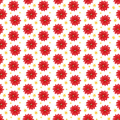 Fototapeta na wymiar Christmas pattern with gold stars and red poinsettia flowers. Seamless cartoon cute pattern with the star of Bethlehem on a white background. New year, children's funny illustration, freehand drawing.