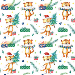 Watercolor tiger,green Christmas tree and gifts. New Year seamles pattern with cute orange animals,boxes