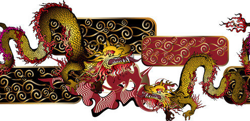 Mighty Asian dragon. Seamless border. Red and gold background.