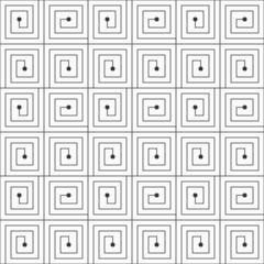 Spirals seamless pattern. Repeating geometric tiles with simple geometric shapes, spirals and dots. Lines. Vector black and white illustration.