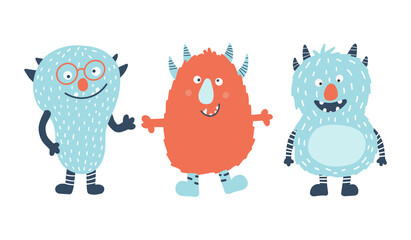 Collection of cute cartoon characters monsters in simple hand-drawn scandinavian style.