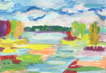 Fototapeta na wymiar Abstract colorful landscape with positive trees, sky and water. Elegant spots and brush strokes. Painted in gouache on paper.