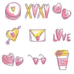 Set of hand drawn Valentine's day objects. Vector elements isolated on a white background. Doodles of hearts, cake, mug, xoxo, candy, letter icons.