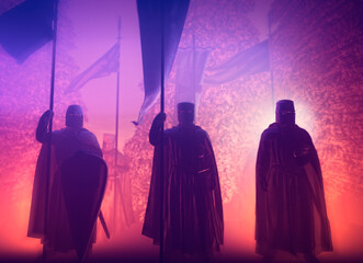 Crusader knights in column advancing in the night in a forest. Middle Ages, weapons and swords. Wars. Templars. Banners waving. 3d rendering
 - obrazy, fototapety, plakaty