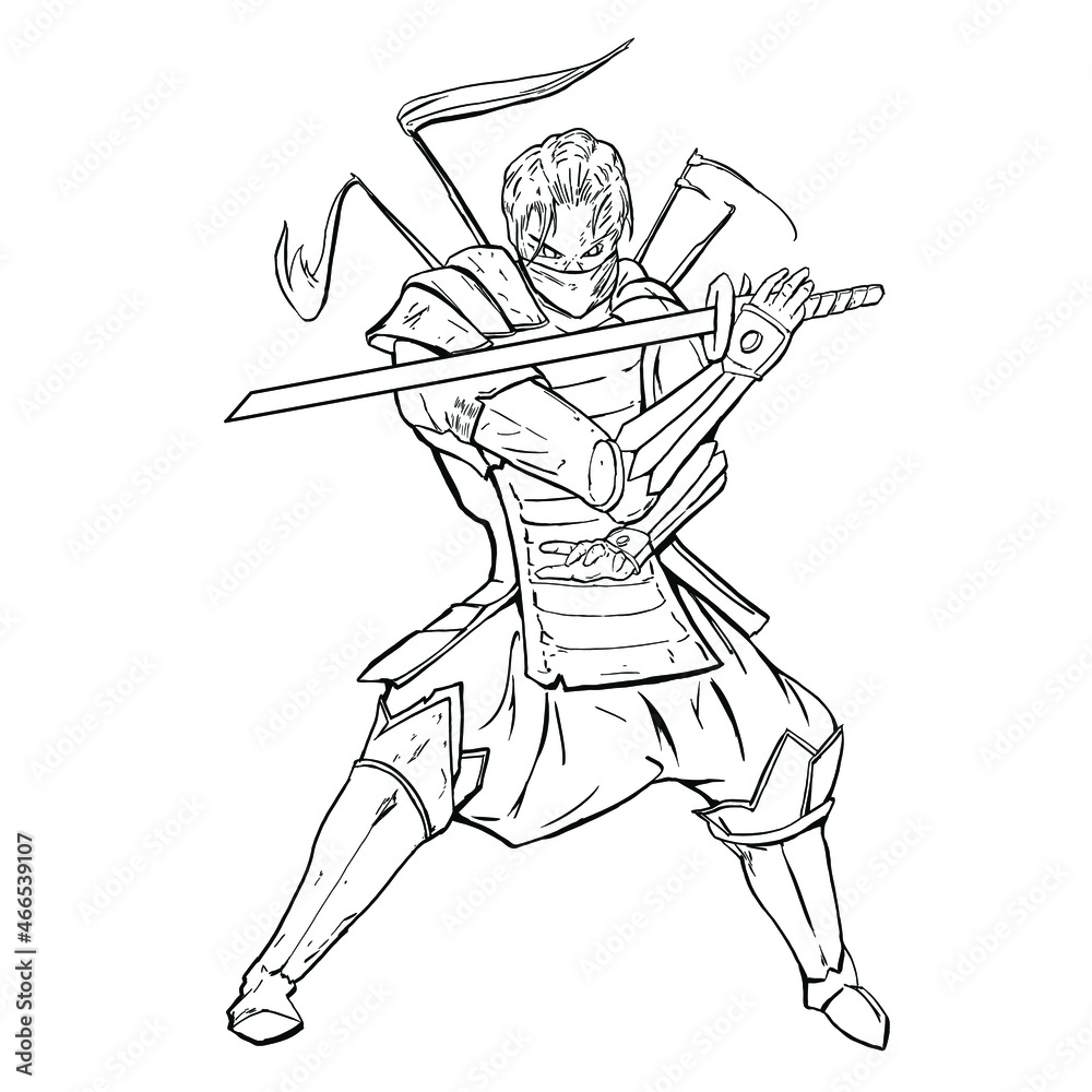 Wall mural vector drawing of a linear silhouette of a samurai with a sharp blade in his hands. the ninja is dre