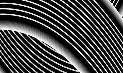 Aspiring twist and intertwine with each other volume monochrome striped lines on black background. Intertwined elegant black and white curve background. Optical illusion. Vector illustration EPS10