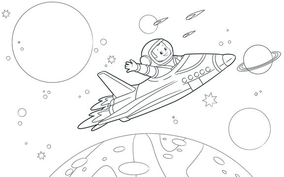 Coloring book: an astronaut flies on a shuttle among the planets and waves his hand in greeting. Vector illustration , cartoon style, black and white line art