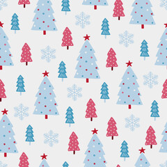 Christmas seamless pattern with fir trees, stars and snowflakes