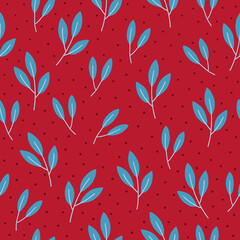 Christmas seamless pattern with leaves on red background. Scandinavian style