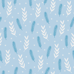 Christmas seamless pattern with snowflakes, fir branches, leaves. Scandinavian style