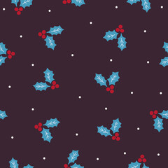Christmas seamless pattern with holly berry and snow. Scandinavian style
