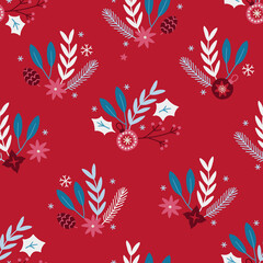 Christmas seamless pattern with leaves, snowflakes, fir branches, ball, berry