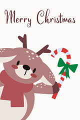 Cute Christmas card with deer. Snowy New Year background with cartoon fawn and snowflakes Vector illustration. EPS