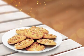 Tasty fresh sweet Oatmeal cookies on the desk