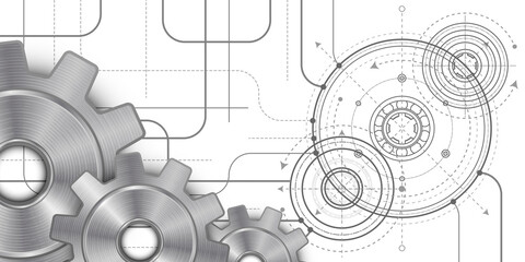 Iron Gears.Technical drawing of gear .Rotating mechanism of round parts .Machine technology. Vector illustration.