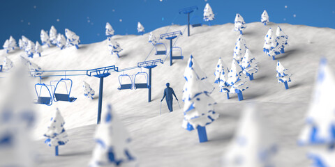 Fototapeta na wymiar Man skiing in ski resort with chairlift. Copy space. 3D illustration.
