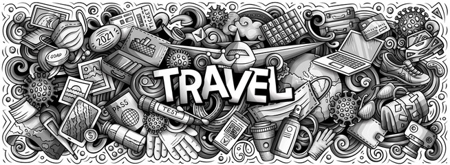Travel hand drawn cartoon doodle illustration. Funny holiday design.