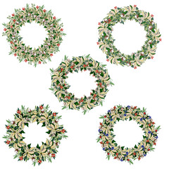 Watercolor christmas poinsettia wreaths, set of 5, clipart