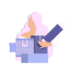 Pink-haired woman with gift bags in hands