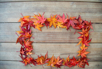 Obraz premium Ein Rahmen aus bunten Ahorn Blättern auf Holz mit Negativraum