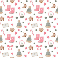 Cute pink christmas seamless pattern. Ugg boots, snow globe, gingerbread cookies, gifts and New Year's decor. Winter cozy print for kids.