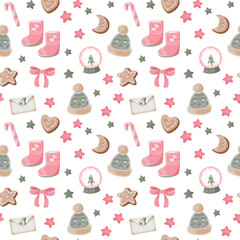 Cute pink christmas seamless pattern. Ugg boots, snow globe, gingerbread cookies, gifts and New Year's decor. Winter cozy print for kids.